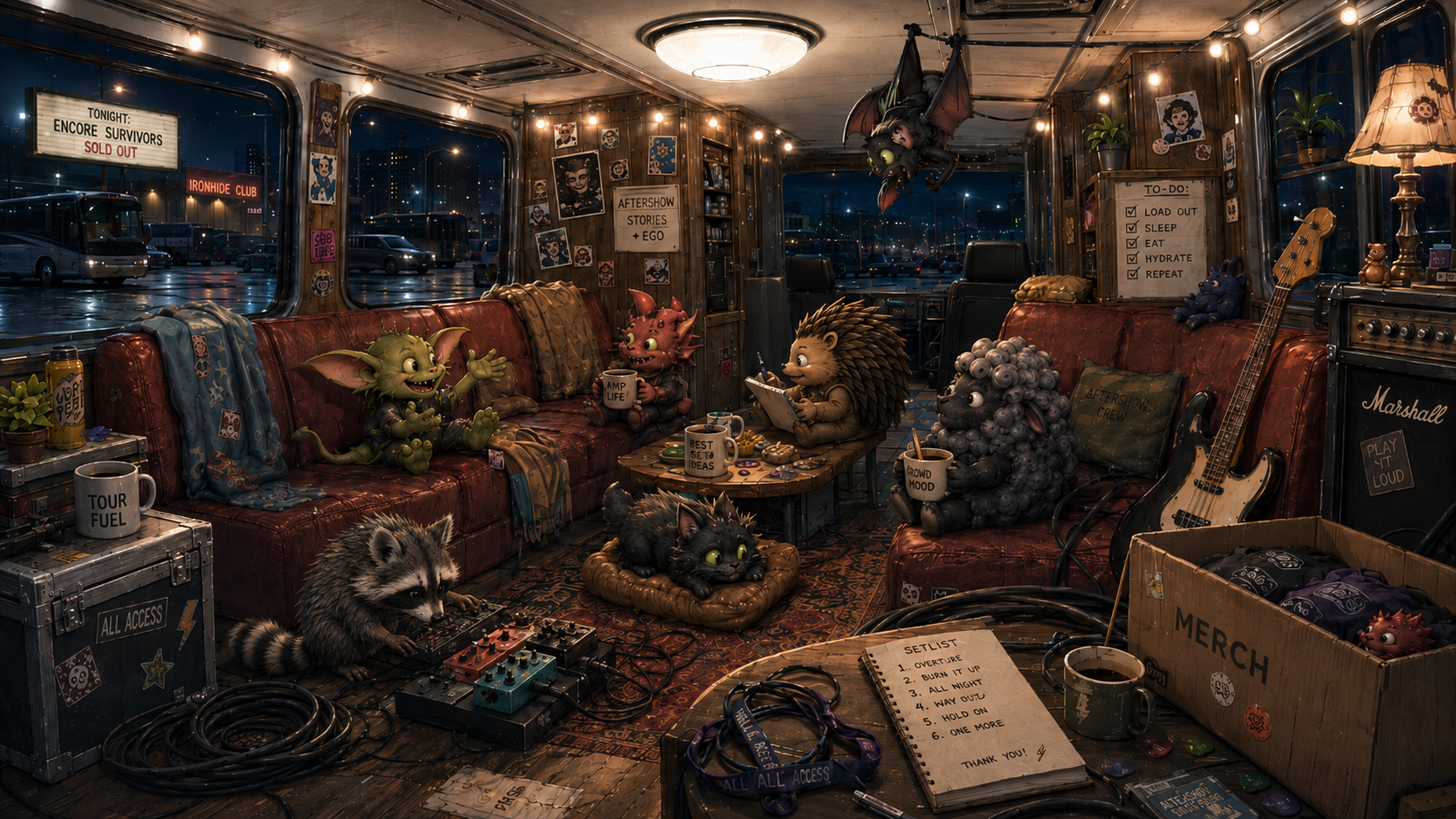Aftershow crew hanging out inside a tour bus